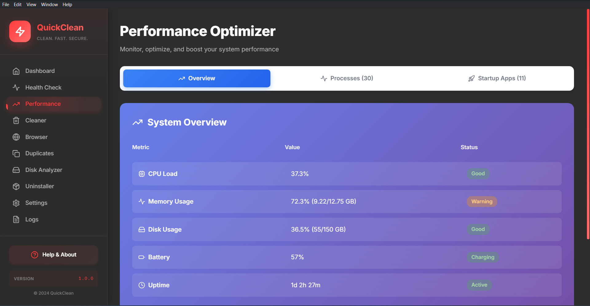 QuickClean Performance Dashboard